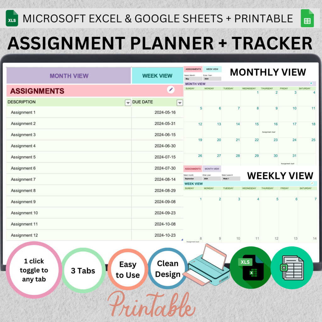 Student Assignment Tracker + Planner Excel template